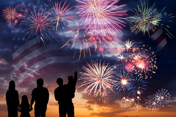 Fireworks and flag of America - obrazy, fototapety, plakaty