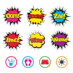 Beach holidays icons. Cocktail, human footprints.