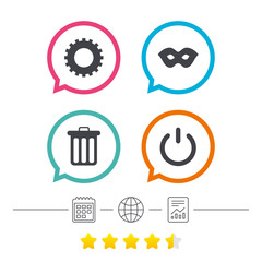 Anonymous mask and gear signs. Recycle bin icon.