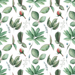 Seamless watercolor pattern with flowers and leaves, isolated on white background