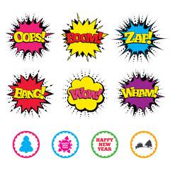 Happy new year sign. Christmas trees.