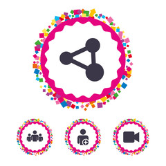 Group of people and share icons. Video camera.