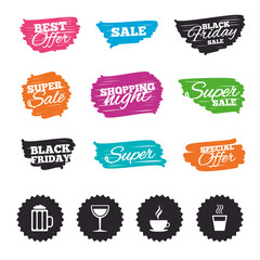 Drinks signs. Coffee cup, glass of beer icons.