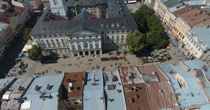 Aerial: view of central hall and tower of Lviv, Ukraine