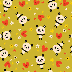 Fototapeta premium baby panda bears flowers and hearts seamless pattern