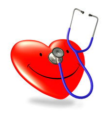 Happy red heart with stethescop to being examined. Isolated on white background - 3d illustration