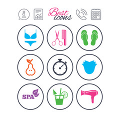 Hairdresser, spa icons. Diet cocktail sign.