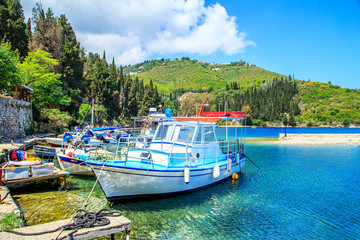 Boats in port Kouloura in Corfu, Greece - obrazy, fototapety, plakaty
