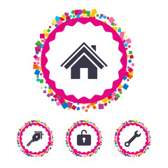 Home key icon. Wrench service tool symbol.