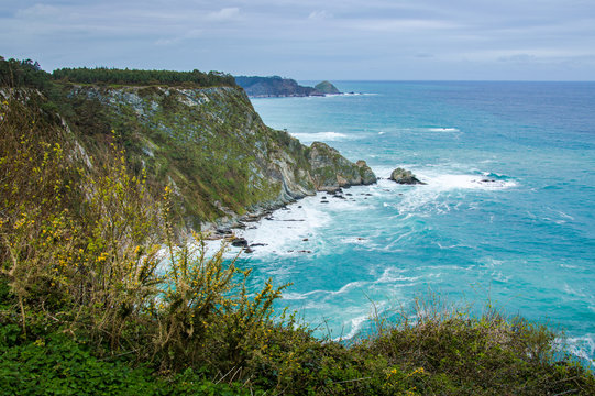 Idyllic coast in Asturias on a day in spring in Spain