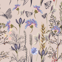 Fototapety  Flower vector pattern with plants. Vintage provance style