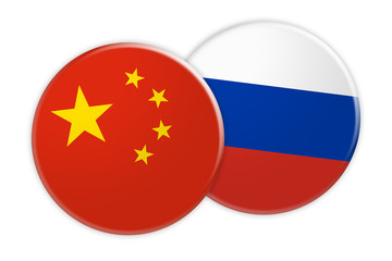 News Concept: China Flag Button On Russia Flag Button, 3d illustration on white background