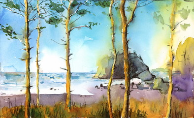 Watercolor Beach Seascape Landscape Trees Ocean Hand Painted Illustration