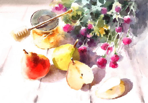 Watercolor Pears Honey And Flowers Still Life Fruit Illustration Hand Drawn
