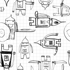 Fototapeta premium Hero seamless pattern. Unique child's drawing with school pen. Cute hero hand drawn with black ink on math paper background. Boy hero seamless pattern for textile or wrapping paper.