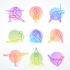 Set of colorful vector line figures in various yoga poses