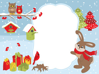 Naklejka premium 1038311 Vector Christmas and New Year Card Template with a Rabbit, Owls on the Branch, Cardinal, Birdhouses and Gift Boxes on Snow Background.