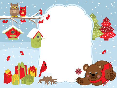 Vector Christmas and New Year Card Template with a Bear, Owls on the Branch, Cardinal, Birdhouses and Gift Boxes on Snow Background.