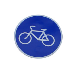 Blue sign for cyclists, isolated on white background, warning