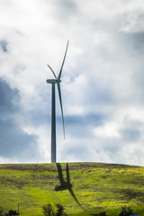 Fototapeta na wymiar A single wind turbine on a hillside, against the backdrop of cloud-filled blue sky in the Livermore, California wind farm