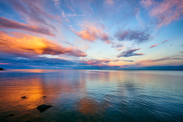 Fototapeta na wymiar Orange Sunset Lake Superior Minnesota