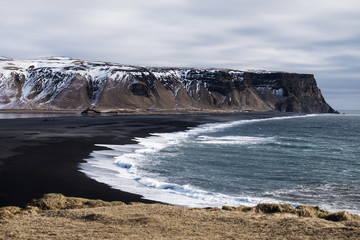 Iceland landscape, popular landmark Black Sand Beach in Vik, Iceland