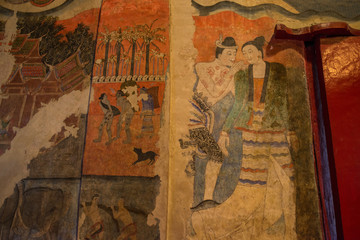 The iconic mural painting of Wat Phumin in Nan province of Thailand.