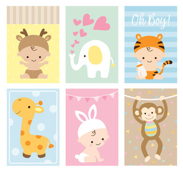 Vector illustration of baby shower greeting card and invitation set in cute animal theme.
