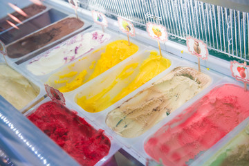 various flavors homemade ice-cream in the freezer