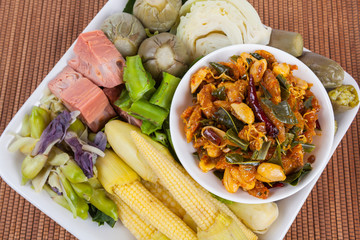 shrimp paste chili sauce with blanching vegetables, food
