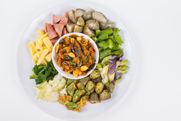 shrimp paste chili sauce with blanching vegetables, food