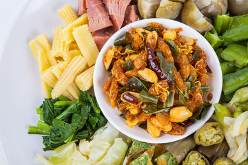 shrimp paste chili sauce with blanching vegetables, food