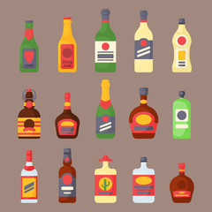 Alcohol drinks beverages cocktail bottle lager container drunk different glasses vector illustration.
