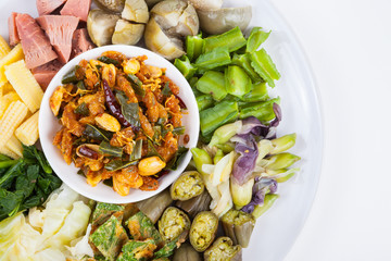 shrimp paste chili sauce with blanching vegetables, food