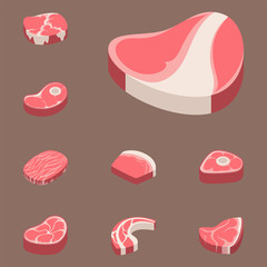 Beef steak raw meat food red fresh cut butcher uncooked chop barbecue bbq slice ingredient vector illustration