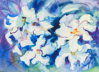   Watercolor painting white flowers color of orchid flower and green leaves.