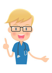 ポイントを説明する青い服を着た医者　上半身