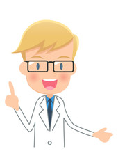 ポイントを説明する白衣を着た医者　上半身