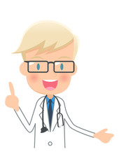 ポイントを説明する白衣を着た医者　聴診器付き　上半身