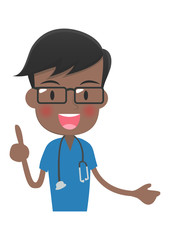 ポイントを説明する青い服を着た医者　上半身