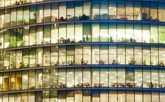 Office Building At Night Illuminated