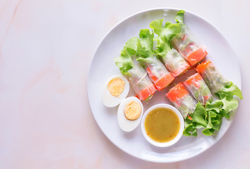 Fresh vegetable salad roll with boiled egg, Health care concept. Top view