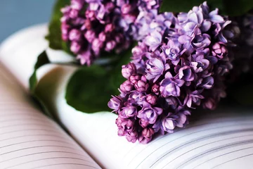 Foto op Plexiglas Sering Lila, bloemen lila en boek
