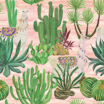 Watercolor painting seamless pattern with llamas and cacti
