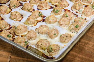 Baked meat balls on pan ready to serve