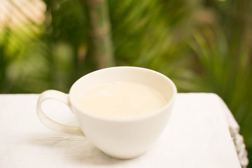Soybean milk on fresh natural background, vintage tone