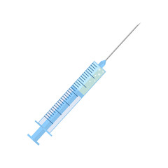 Colored flat design medical plastic syringe with blue liquid iron needle illustration, isolated on white background. Medicine vaccine, injection syringe, medical vaccination, immunization illustration