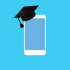 Concept of education. Smartphone with graduation hat, cap. Online education, e-learning. Flat design illustration. Isolated on blue.