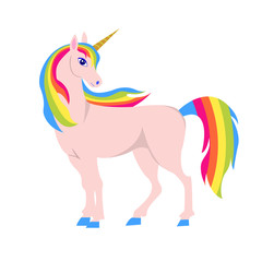Unicorn illustration with rainbow hair, isolated on white. Cute magic cartoon fantasy cute animal.  Dream symbol. Design for children
