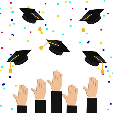 Concept of education. Graduates or businessman hands throwing graduation hats (caps) in the air. Congratulations on graduation.